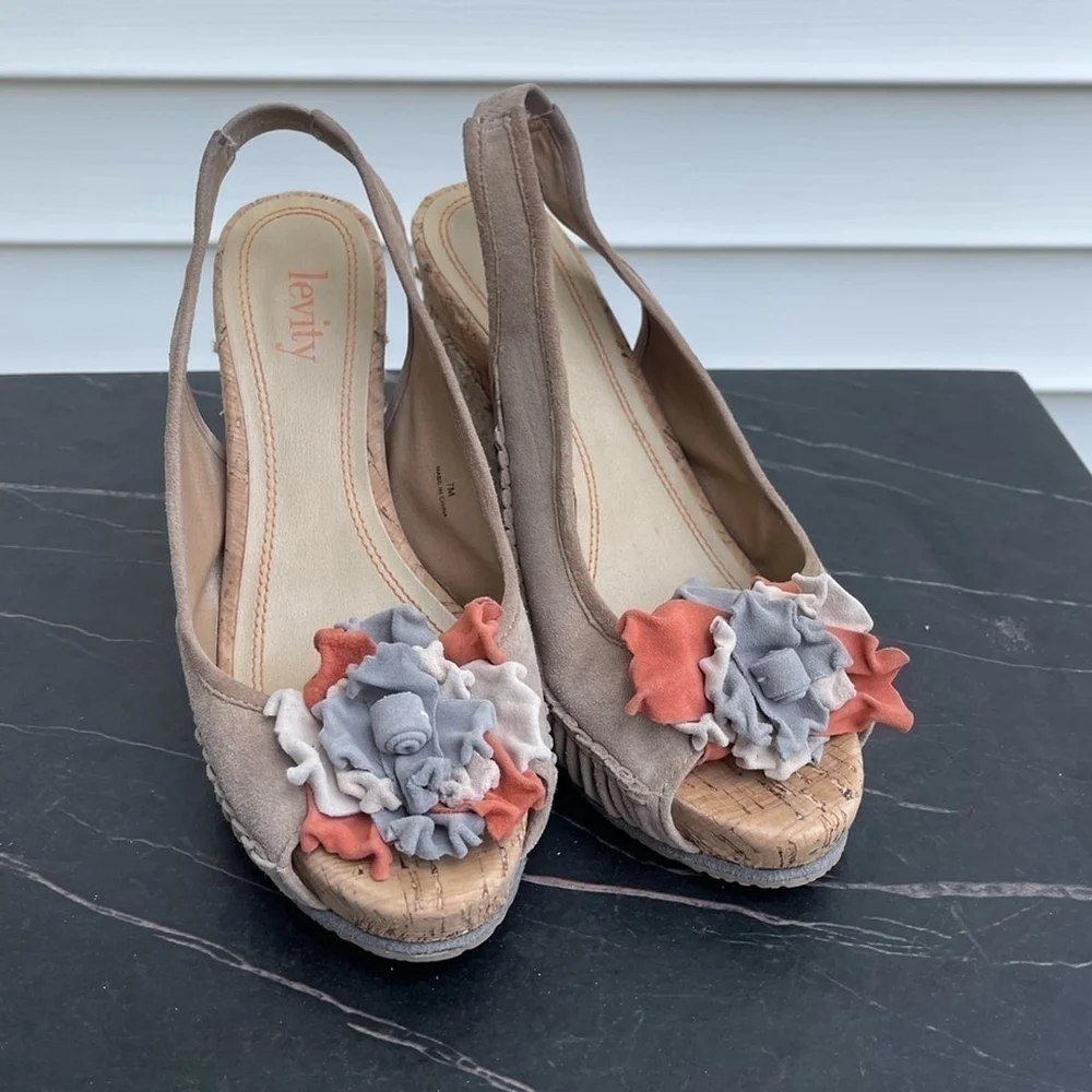LEVITY women wedge platform sandals cork espadrilles leather suede Sz 7